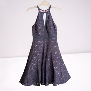 Morgan & Co Illusion Fit & Flare Dress Gray Sparkly Sequins Floral Lace Sz 5/6